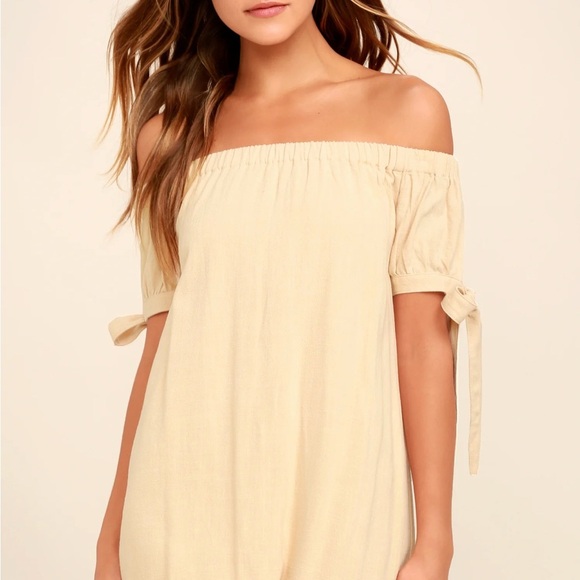 Lulus Al Fresco Evenings Off Shoulder Dress Beige Tie Sleeve Shift Women’s XS - Picture 8 of 17